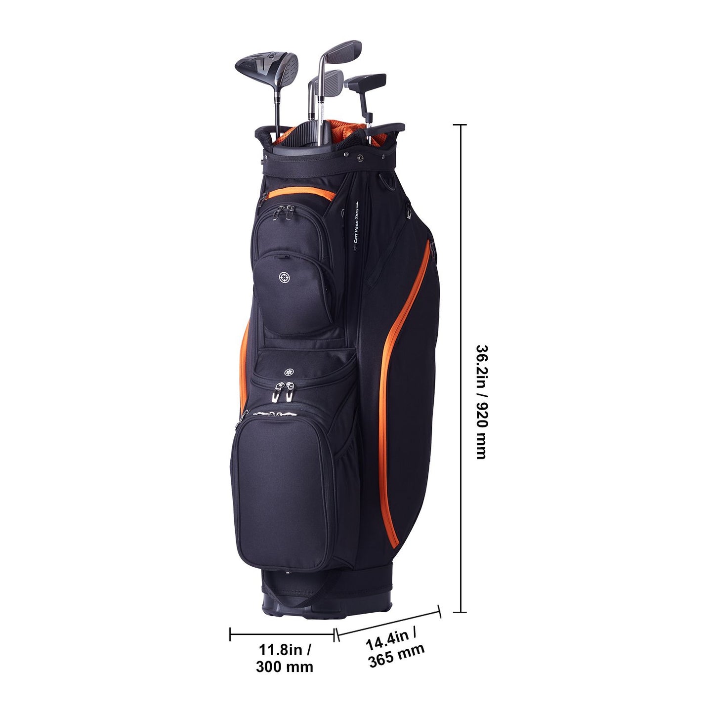 Golf Cart Bag with 14 Way Organizer Divider Top, 36' 13 Pockets Premium Cart Bag, Durable Golf Bags with Handles & Dust Cover & Detachable Straps for Men & Women, Black & Orange