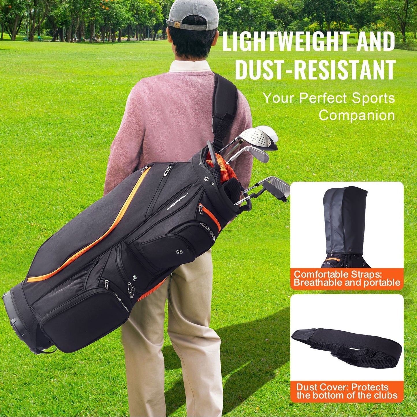 Golf Cart Bag with 14 Way Organizer Divider Top, 36' 13 Pockets Premium Cart Bag, Durable Golf Bags with Handles & Dust Cover & Detachable Straps for Men & Women, Black & Orange
