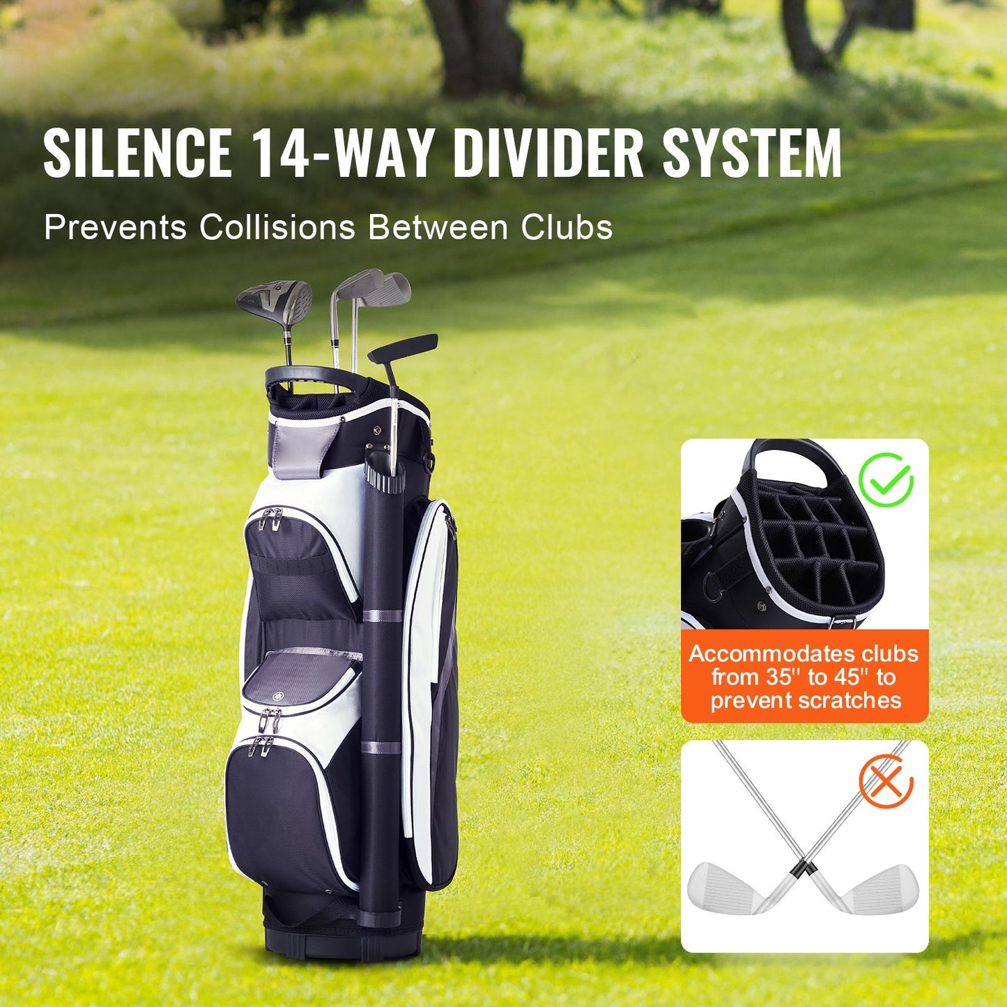 Golf Cart Bag with 14 Way Organizer Divider Top, 36' Multiple Pockets Premium Nylon Cart Bag, Durable Golf Bags with Handles & Dust Cover & Detachable Straps for Men & Women, Black Color-Block