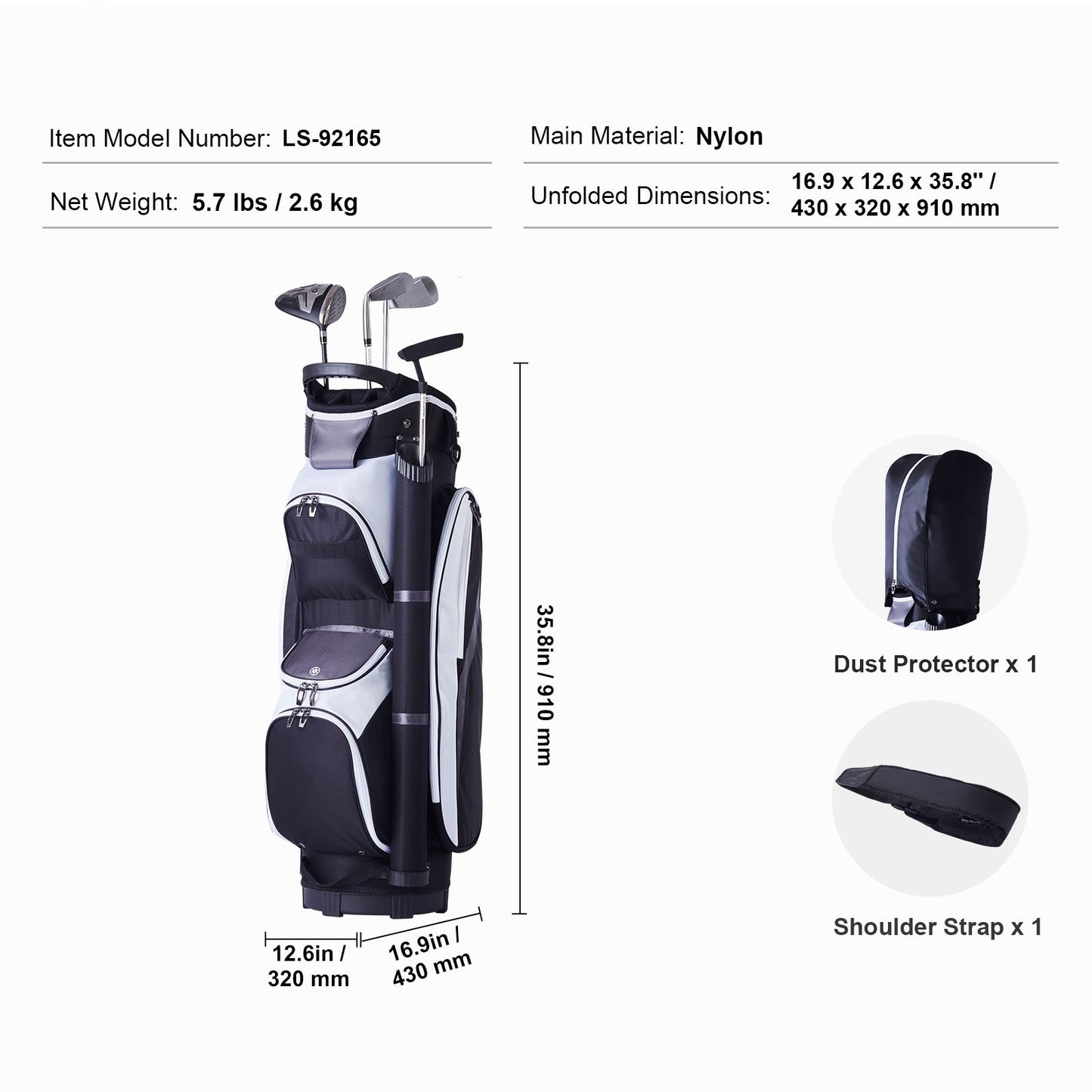 Golf Cart Bag with 14 Way Organizer Divider Top, 36' Multiple Pockets Premium Nylon Cart Bag, Durable Golf Bags with Handles & Dust Cover & Detachable Straps for Men & Women, Black Color-Block