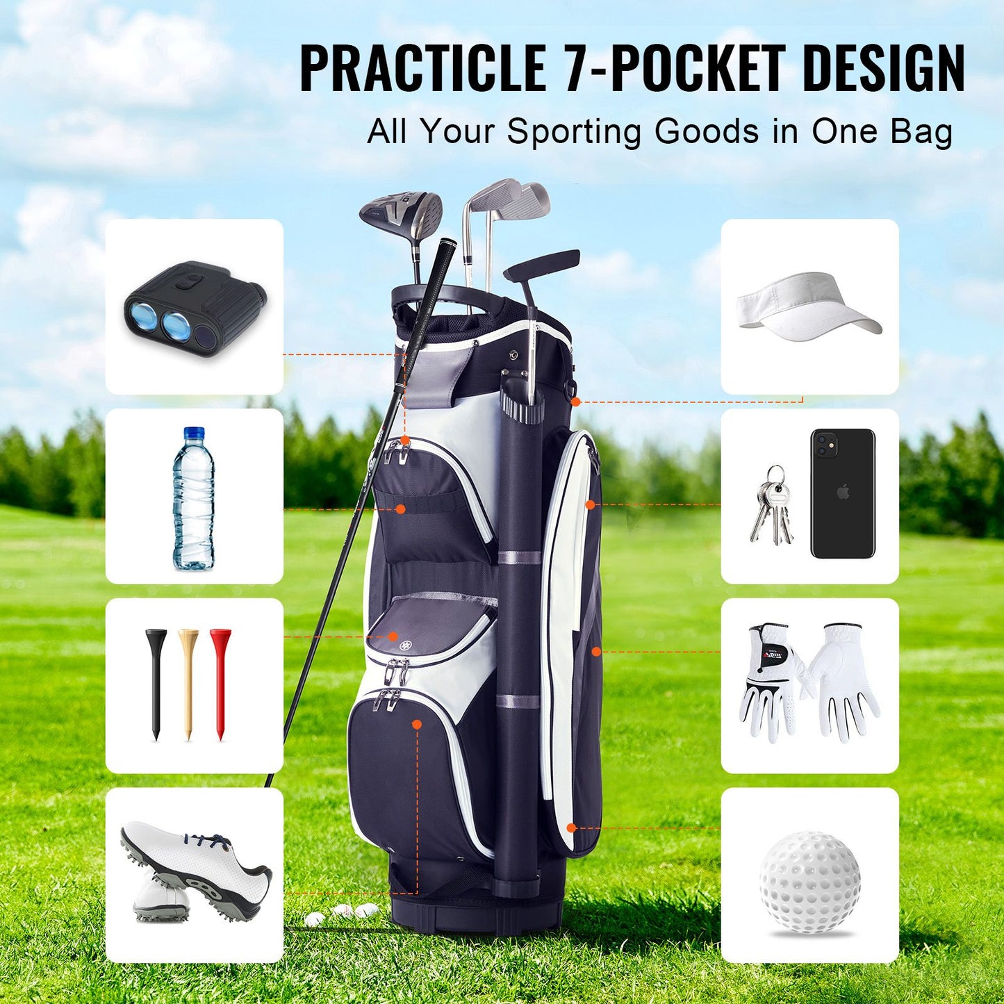 Golf Cart Bag with 14 Way Organizer Divider Top, 36' Multiple Pockets Premium Nylon Cart Bag, Durable Golf Bags with Handles & Dust Cover & Detachable Straps for Men & Women, Black Color-Block