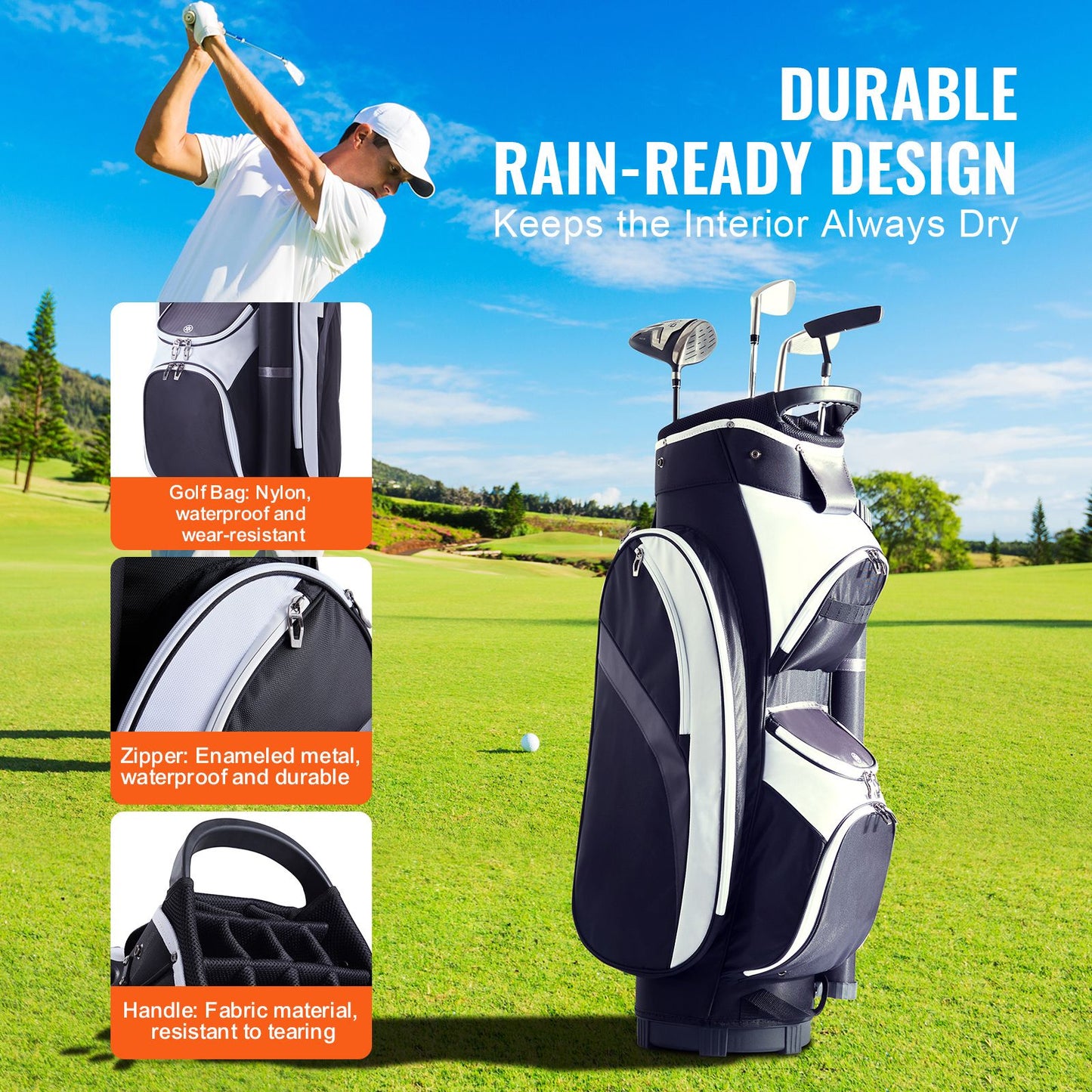Golf Cart Bag with 14 Way Organizer Divider Top, 36' Multiple Pockets Premium Nylon Cart Bag, Durable Golf Bags with Handles & Dust Cover & Detachable Straps for Men & Women, Black Color-Block