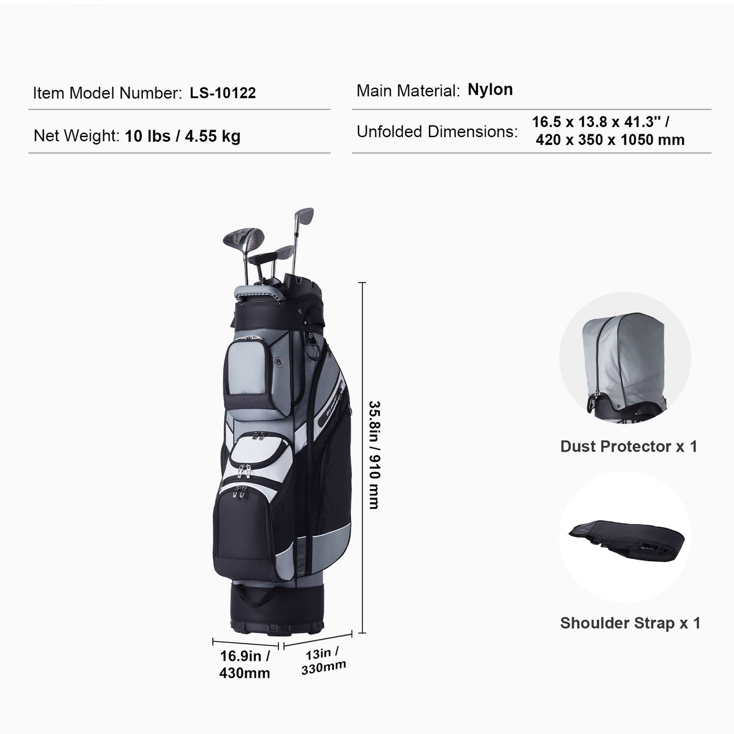 Golf Cart Bag with 14 Way Organizer Divider Top, 41' 13 Pockets Premium Nylon Cart Bag, Durable Golf Bags with Handles & Dust Cover & Detachable Straps for Men & Women, Black Color-Block