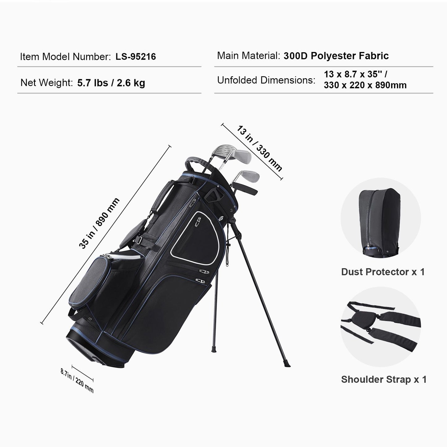 Golf Cart Bag with 14 Way Organizer Divider Top, 35' 11 Pockets Premium Cart Bag with Stand, Durable Golf Bags with Handles & Dust Cover & Detachable Dual Strap for Men & Women, Black White