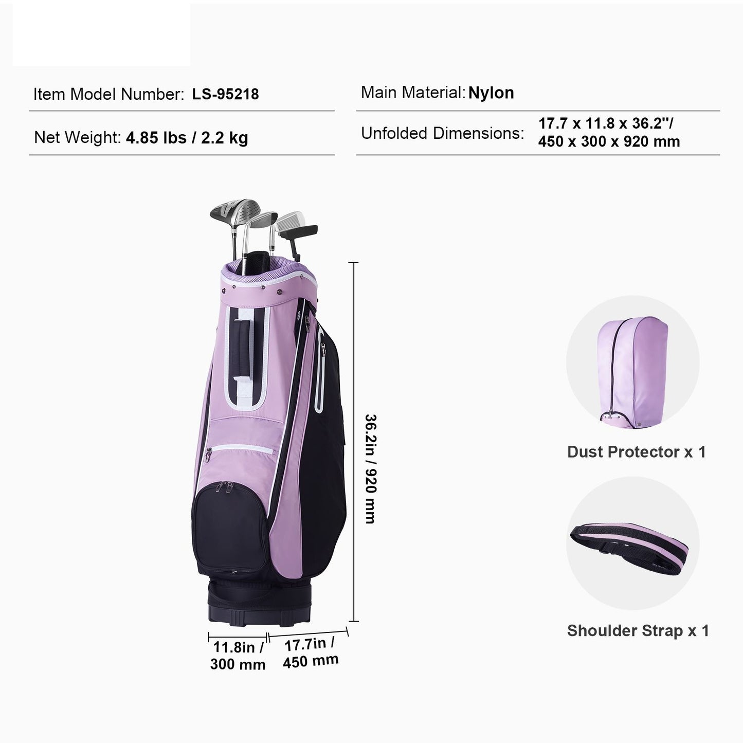 Golf Cart Bag with 14 Way Organizer Divider Top, 36' Multiple Pockets Premium Cart Bag, Durable Golf Bags with Handles & Dust Cover & Detachable Strap for Men & Women, Black Purple