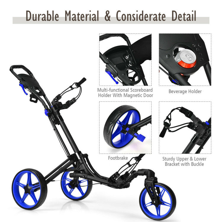 3 Wheel Folding Golf Push Cart with Scoreboard and Adjustable Handle