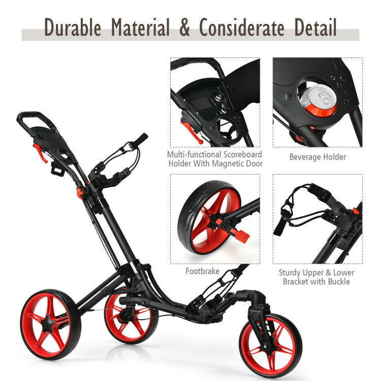 3 Wheel Folding Golf Push Cart with Scoreboard and Adjustable Handle