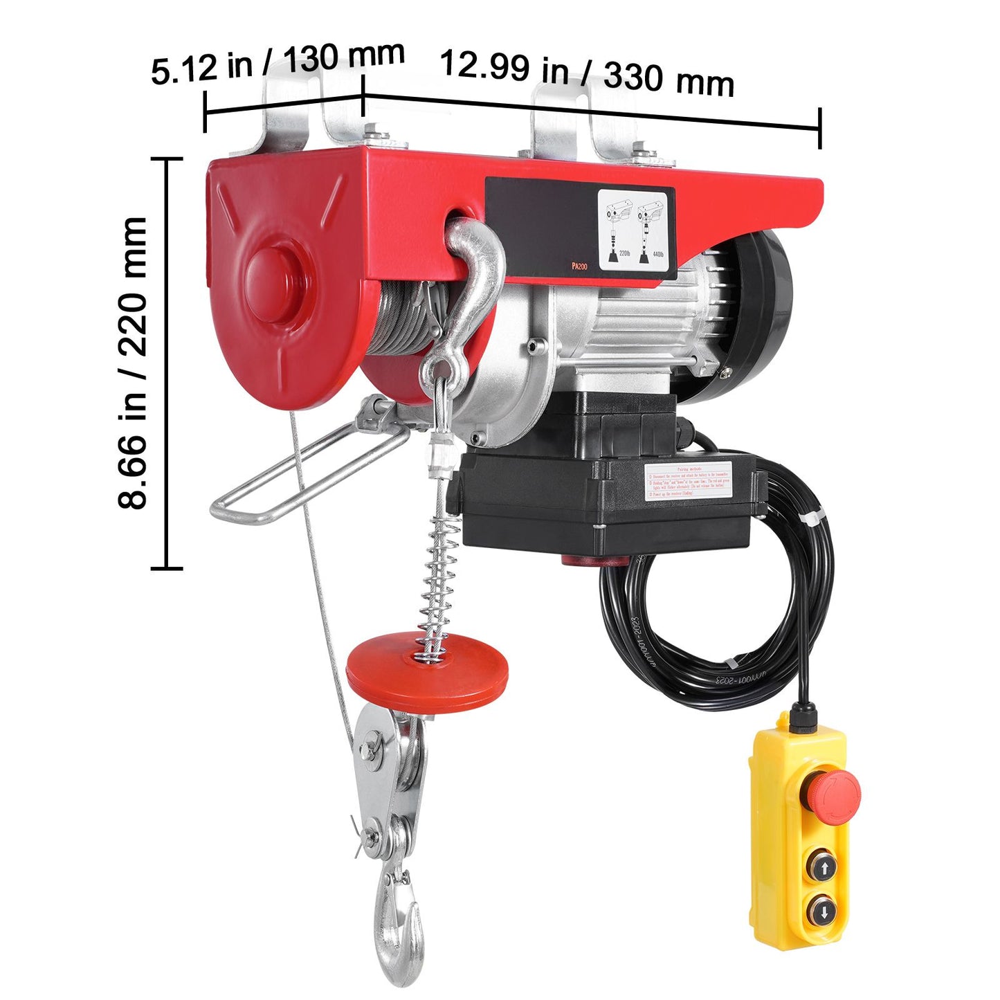 Electric Hoist, 440 lbs 120V Electric Winch with 328 ft Wireless & 14 ft Wired Remote Control, 40 ft Single Cable Lifting Height, Single/Double Slings, Lift Hoist for Garage Warehouse Factory