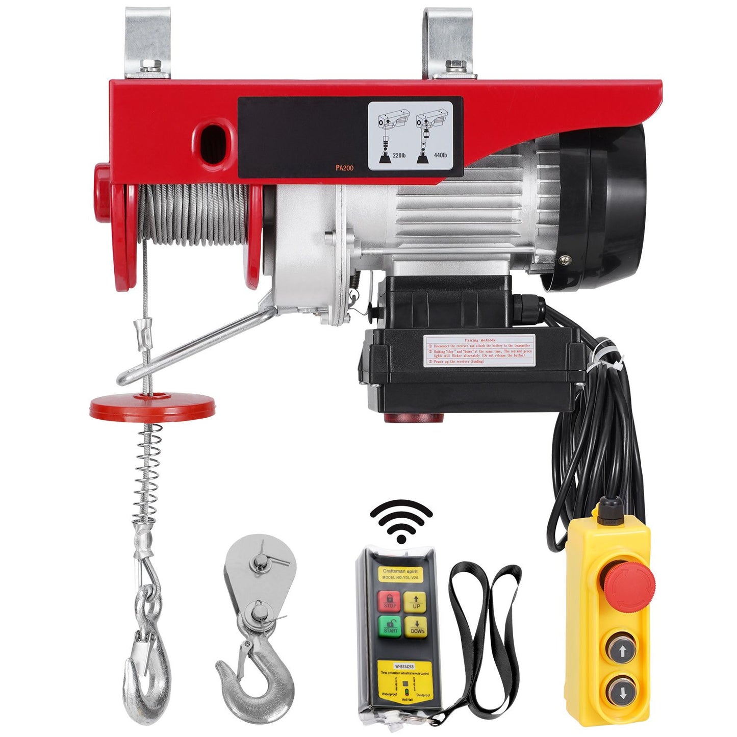 Electric Hoist, 440 lbs 120V Electric Winch with 328 ft Wireless & 14 ft Wired Remote Control, 40 ft Single Cable Lifting Height, Single/Double Slings, Lift Hoist for Garage Warehouse Factory
