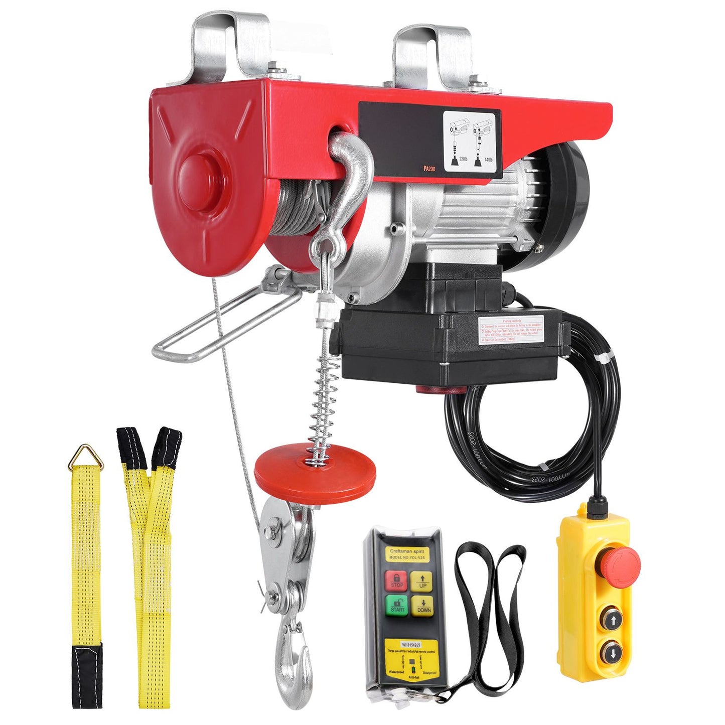 Electric Hoist, 440 lbs 120V Electric Winch with 328 ft Wireless & 14 ft Wired Remote Control, 40 ft Single Cable Lifting Height, Single/Double Slings, Lift Hoist for Garage Warehouse Factory
