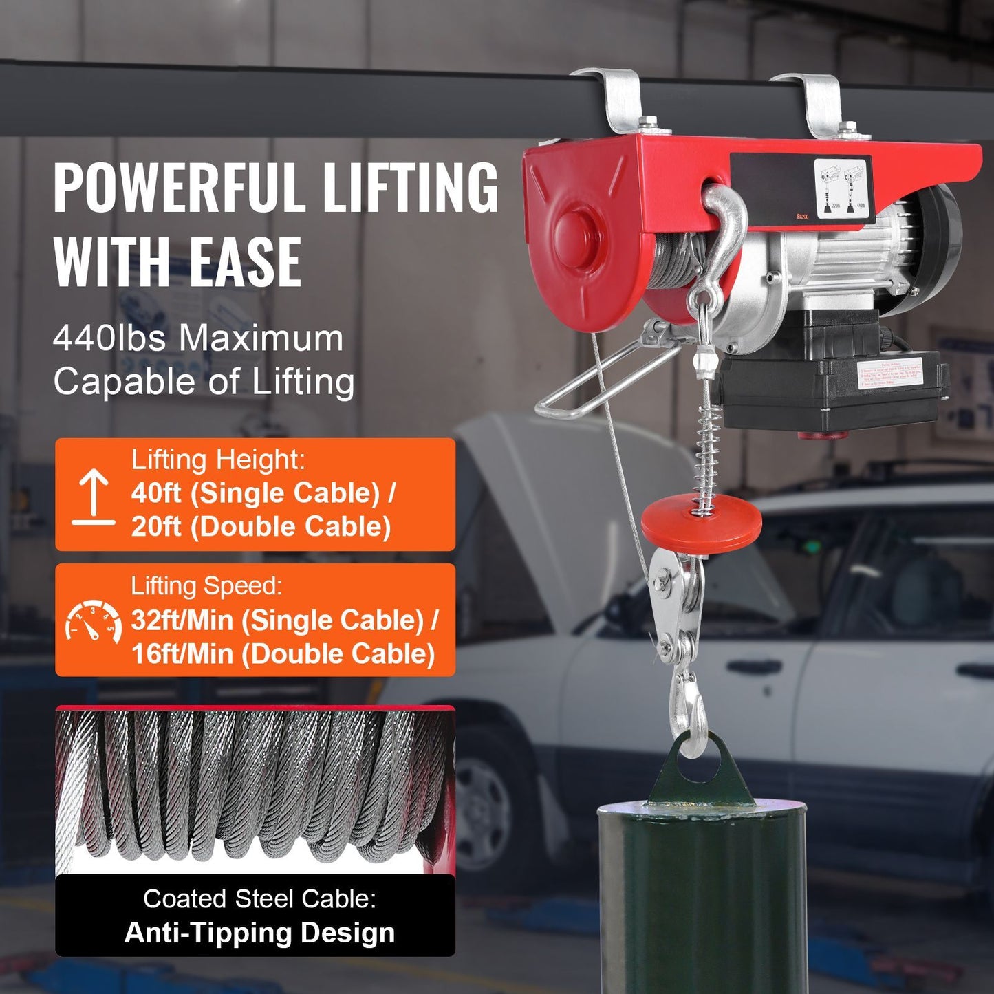 Electric Hoist, 440 lbs 120V Electric Winch with 328 ft Wireless & 14 ft Wired Remote Control, 40 ft Single Cable Lifting Height, Single/Double Slings, Lift Hoist for Garage Warehouse Factory