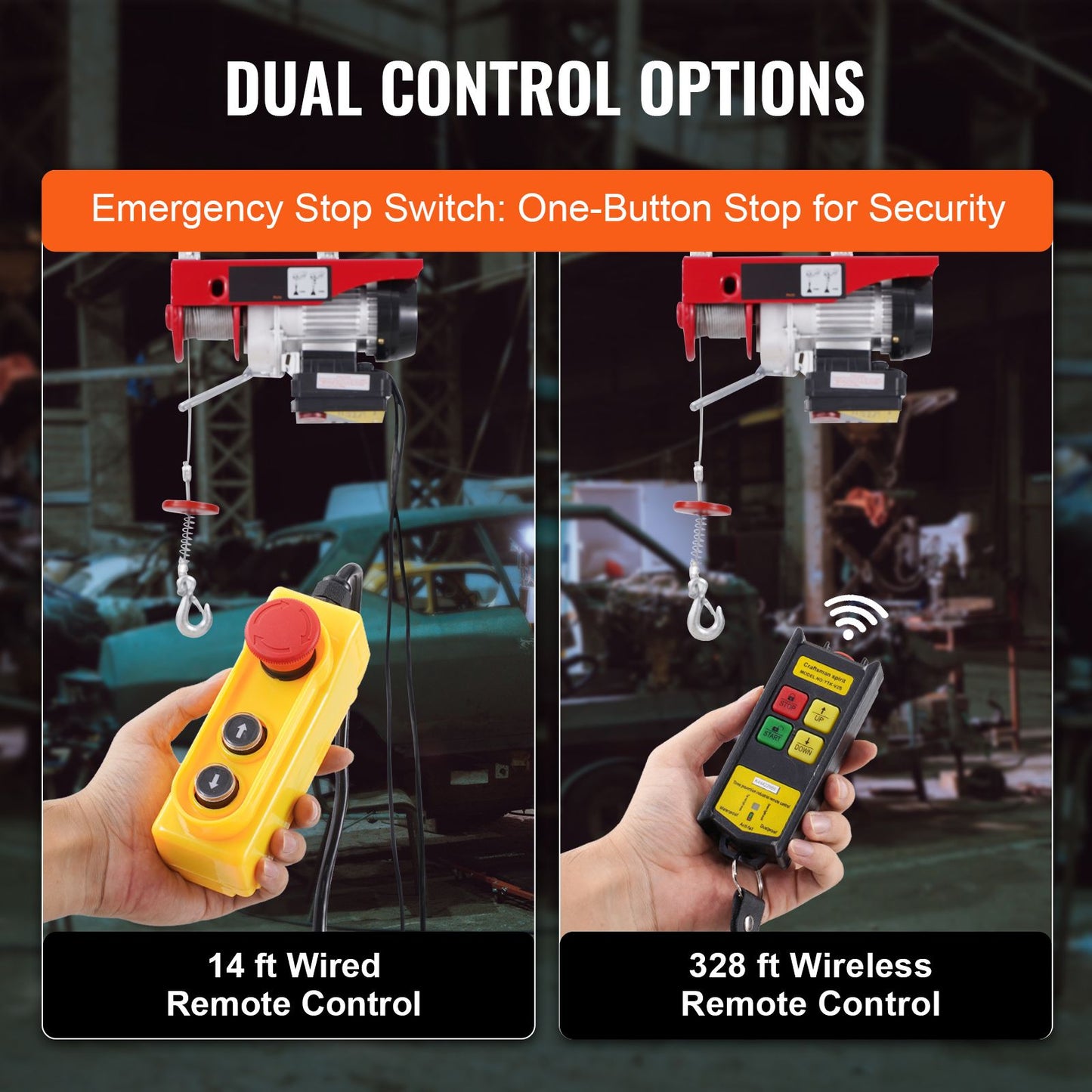 Electric Hoist, 440 lbs 120V Electric Winch with 328 ft Wireless & 14 ft Wired Remote Control, 40 ft Single Cable Lifting Height, Single/Double Slings, Lift Hoist for Garage Warehouse Factory