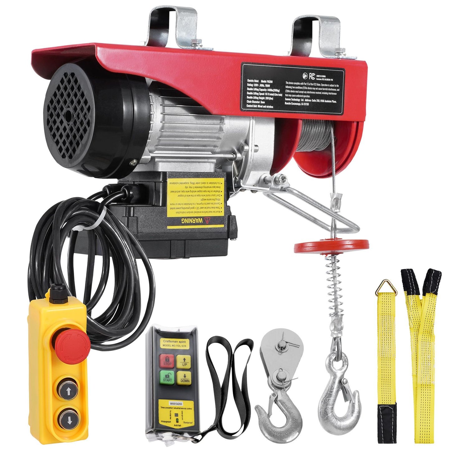 Electric Hoist, 440 lbs 120V Electric Winch with 328 ft Wireless & 14 ft Wired Remote Control, 40 ft Single Cable Lifting Height, Single/Double Slings, Lift Hoist for Garage Warehouse Factory