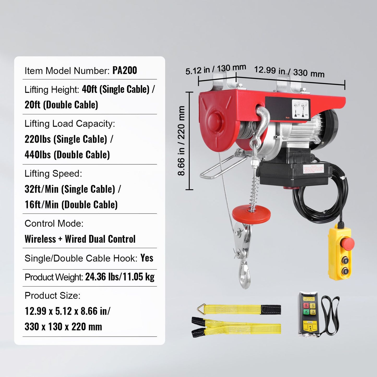 Electric Hoist, 440 lbs 120V Electric Winch with 328 ft Wireless & 14 ft Wired Remote Control, 40 ft Single Cable Lifting Height, Single/Double Slings, Lift Hoist for Garage Warehouse Factory