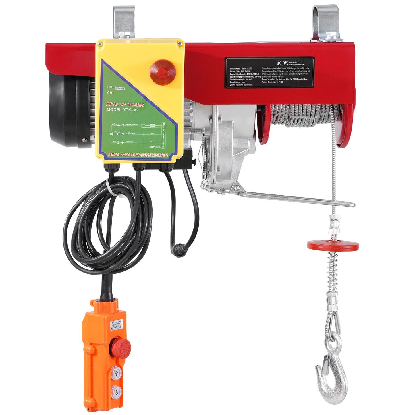 Electric Hoist, 2200 lbs 120V Electric Winch with 328 ft Wireless & 14 ft Wired Remote Control, 40 ft Single Cable Lifting Height, Single/Double Slings, Lift Hoist for Garage Warehouse Factory
