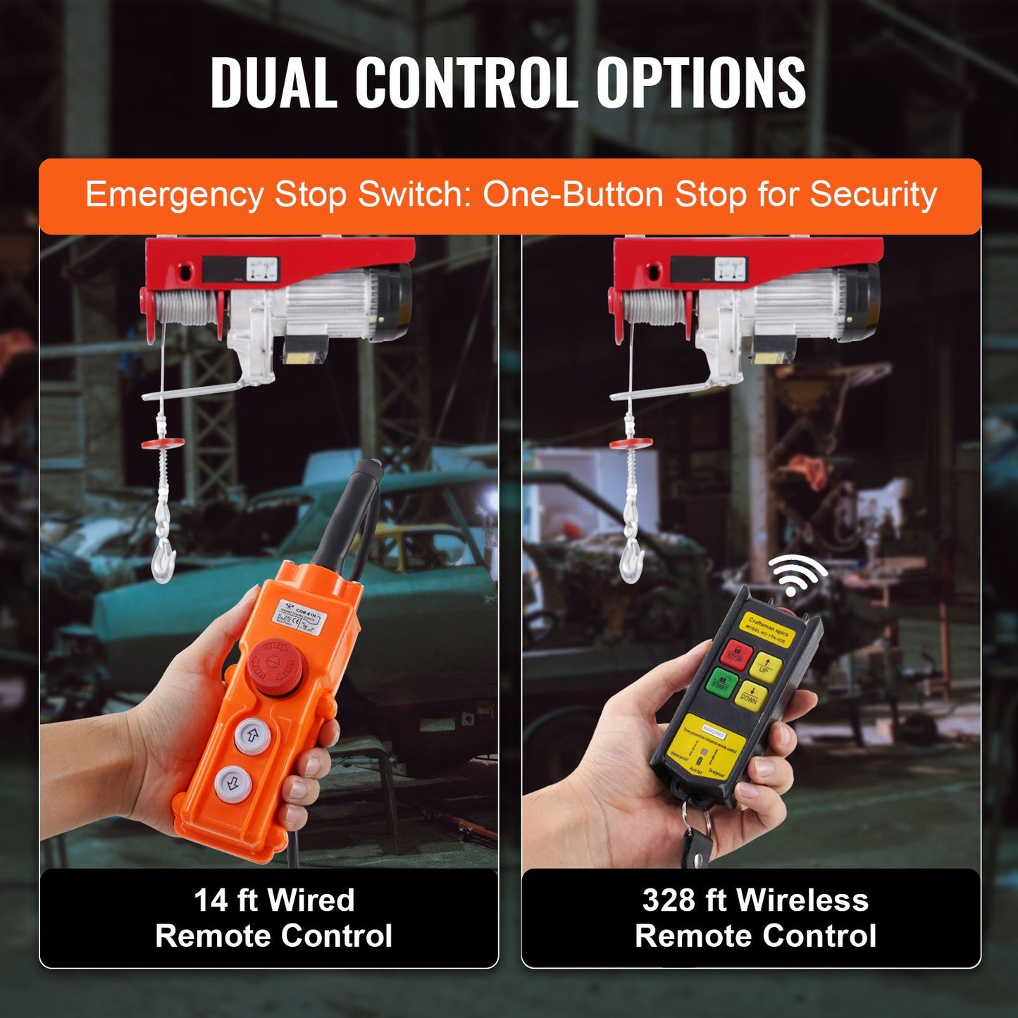 Electric Hoist, 2200 lbs 120V Electric Winch with 328 ft Wireless & 14 ft Wired Remote Control, 40 ft Single Cable Lifting Height, Single/Double Slings, Lift Hoist for Garage Warehouse Factory