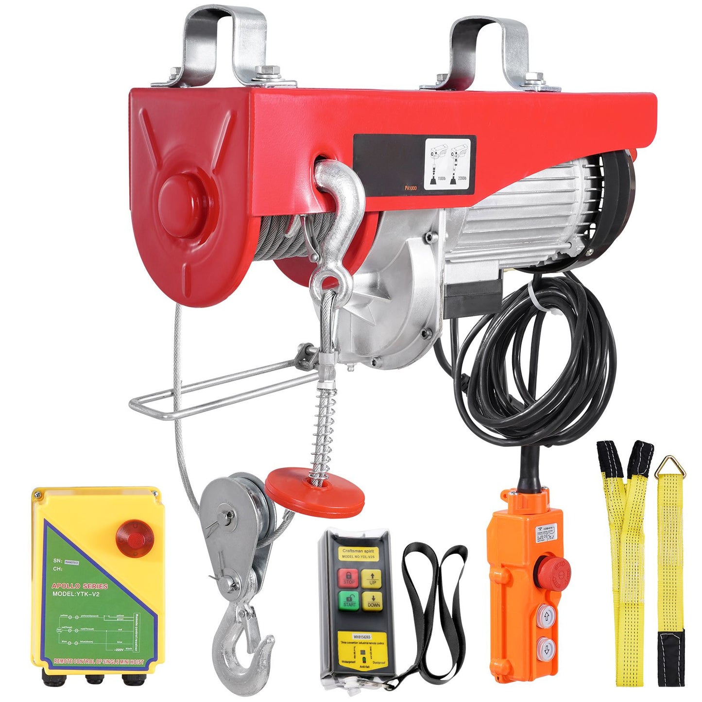 Electric Hoist, 2200 lbs 120V Electric Winch with 328 ft Wireless & 14 ft Wired Remote Control, 40 ft Single Cable Lifting Height, Single/Double Slings, Lift Hoist for Garage Warehouse Factory