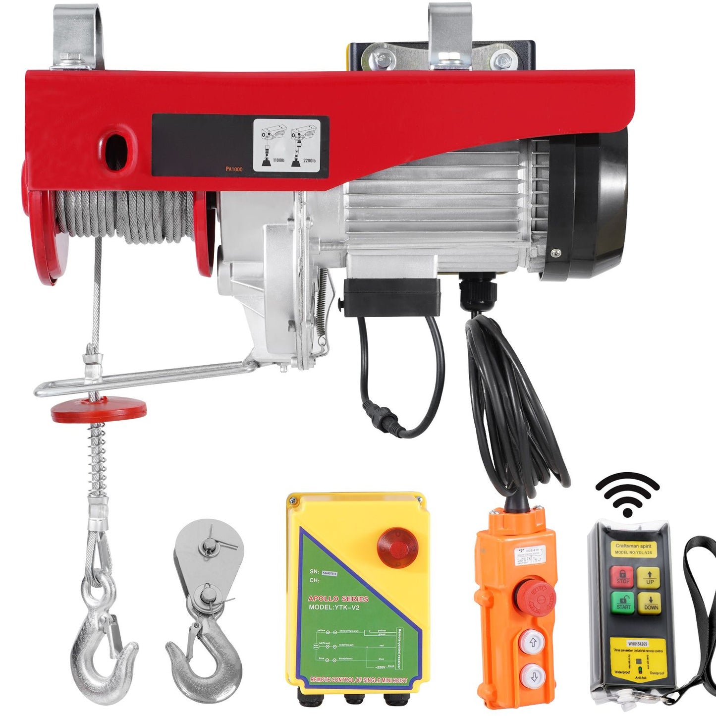 Electric Hoist, 2200 lbs 120V Electric Winch with 328 ft Wireless & 14 ft Wired Remote Control, 40 ft Single Cable Lifting Height, Single/Double Slings, Lift Hoist for Garage Warehouse Factory