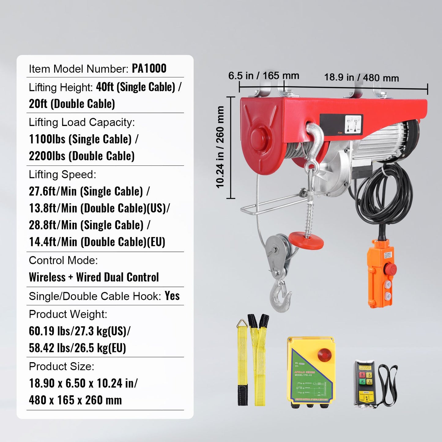 Electric Hoist, 2200 lbs 120V Electric Winch with 328 ft Wireless & 14 ft Wired Remote Control, 40 ft Single Cable Lifting Height, Single/Double Slings, Lift Hoist for Garage Warehouse Factory