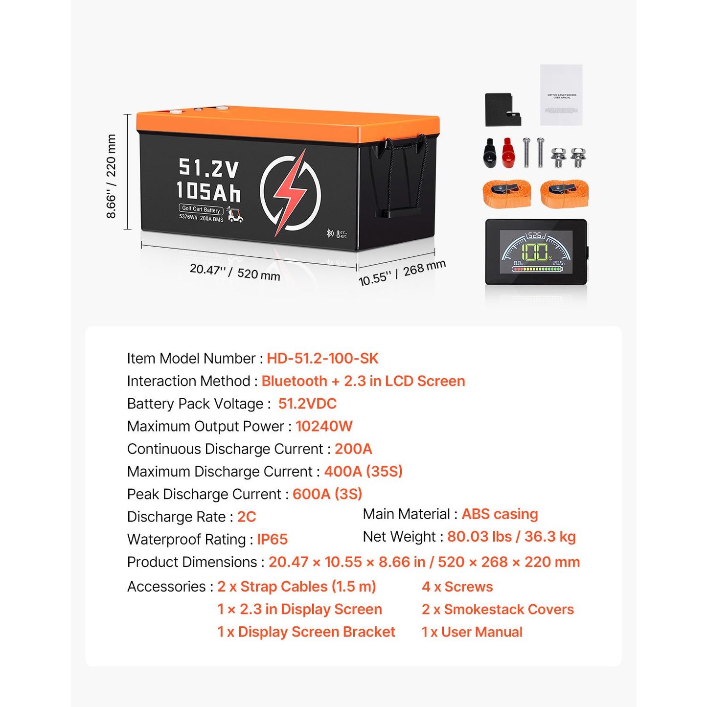48V 105Ah Golf Cart Lithium Battery, 48 Volt Golf Cart Battery with 200A BMS, LCD Monitor and Mobile APP, LiFePO4 Battery with 600A Peak Current, ABS Shell and 4000+ Cycles, for Golf Carts
