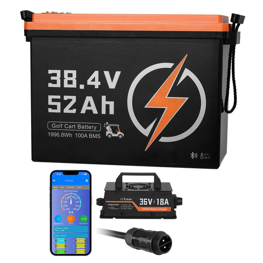 36V (38.4V) 52AH Lithium Golf Cart Battery, with 18A Charger, Lifepo4 Battery Kit, Built-in 100A BMS, 4000 Cycles, 2C Discharge Rate, Bluetooth & Mobile APP, for Golf Carts, Trolling Motors