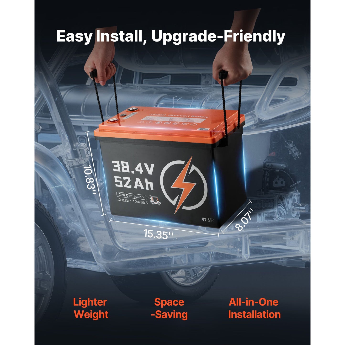 36V (38.4V) 52AH Lithium Golf Cart Battery, with 18A Charger, Lifepo4 Battery Kit, Built-in 100A BMS, 4000 Cycles, 2C Discharge Rate, Bluetooth & Mobile APP, for Golf Carts, Trolling Motors