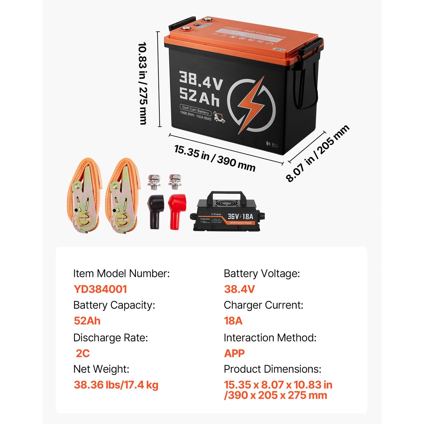 36V (38.4V) 52AH Lithium Golf Cart Battery, with 18A Charger, Lifepo4 Battery Kit, Built-in 100A BMS, 4000 Cycles, 2C Discharge Rate, Bluetooth & Mobile APP, for Golf Carts, Trolling Motors