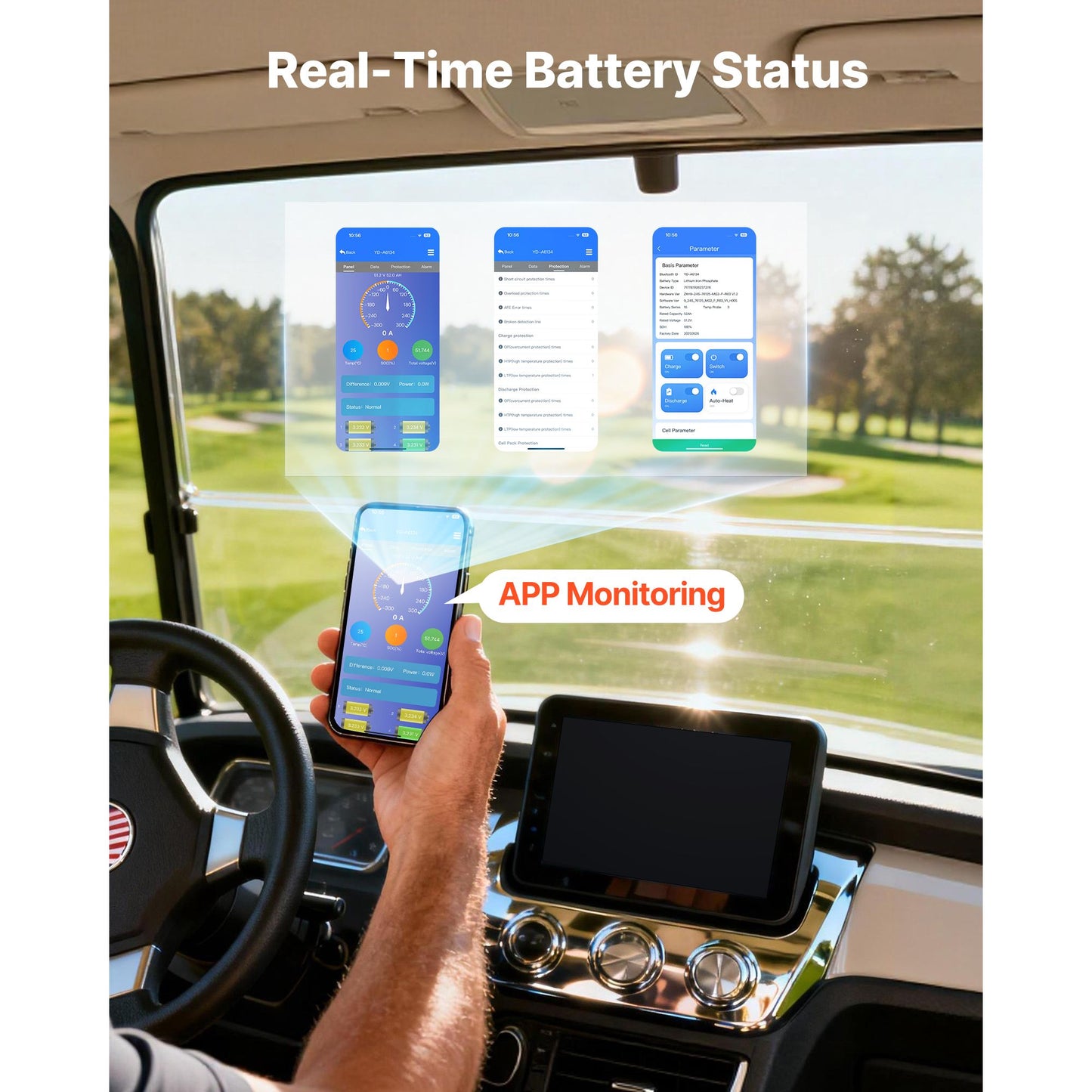 48V (51.2V) 52AH Lithium Golf Cart Battery, with 15A Charger, Lifepo4 Battery Kit, Built-in 100A BMS, 4000 Cycles, 2C Discharge Rate, Bluetooth & Mobile APP, for Golf Carts, Trolling Motors
