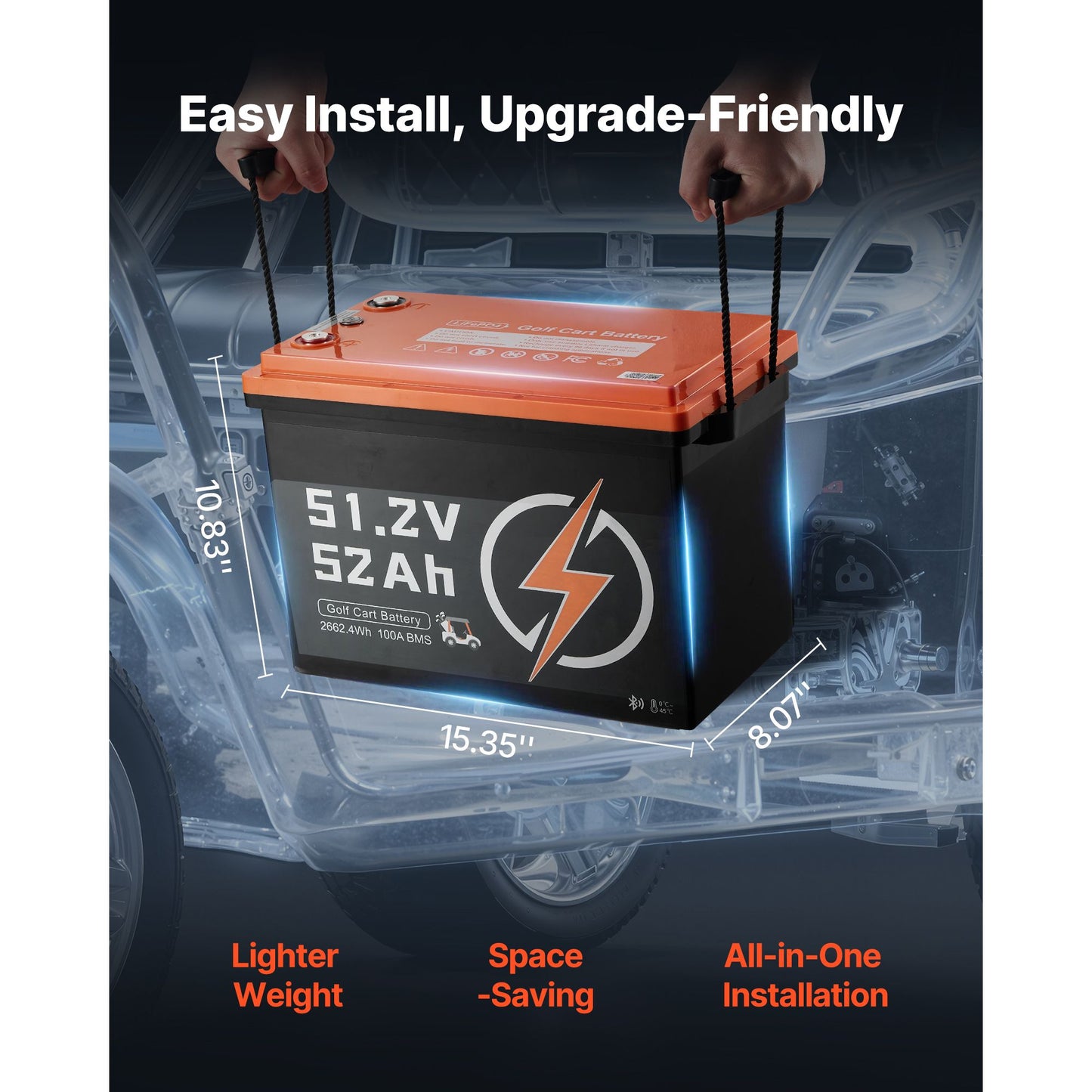 48V (51.2V) 52AH Lithium Golf Cart Battery, with 15A Charger, Lifepo4 Battery Kit, Built-in 100A BMS, 4000 Cycles, 2C Discharge Rate, Bluetooth & Mobile APP, for Golf Carts, Trolling Motors