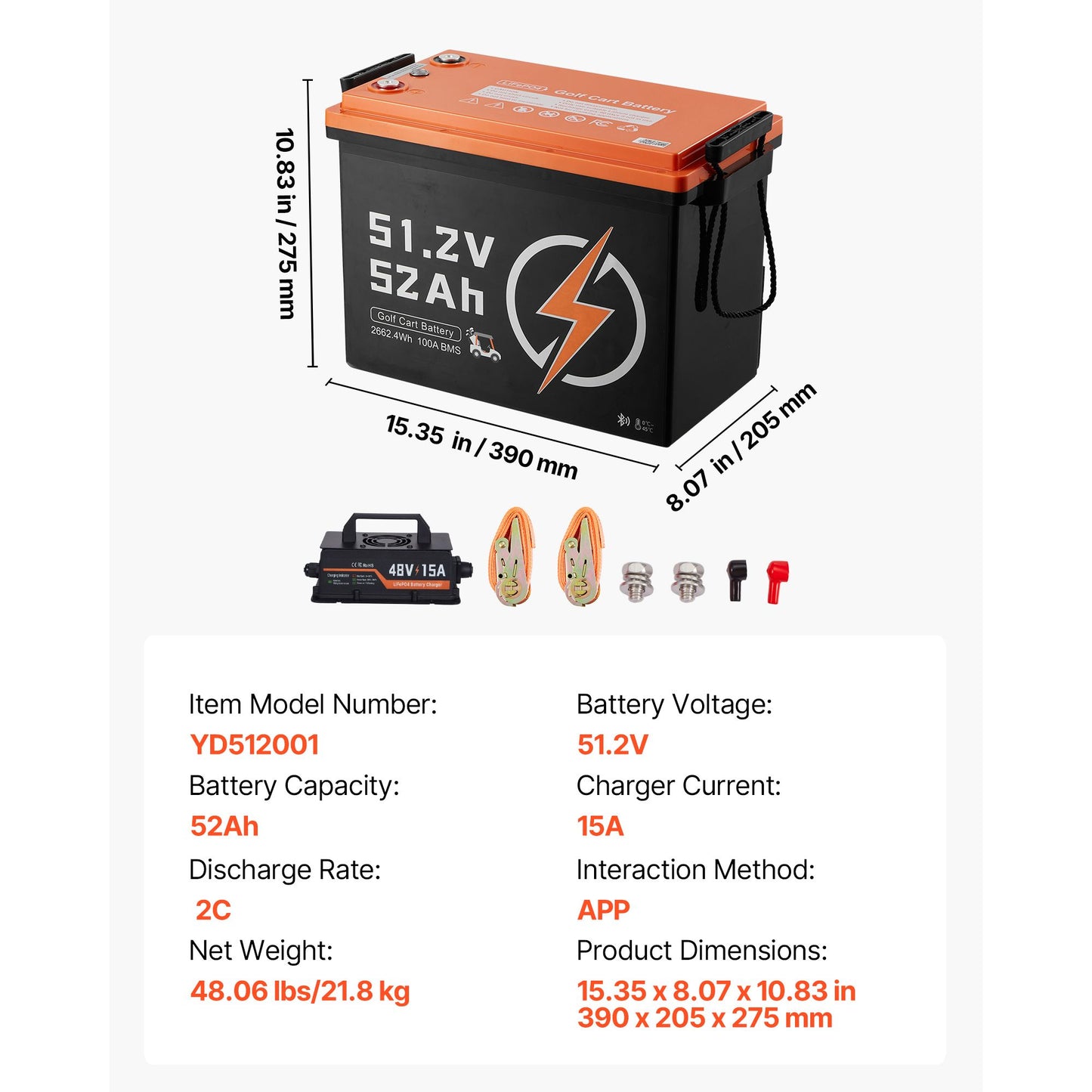 48V (51.2V) 52AH Lithium Golf Cart Battery, with 15A Charger, Lifepo4 Battery Kit, Built-in 100A BMS, 4000 Cycles, 2C Discharge Rate, Bluetooth & Mobile APP, for Golf Carts, Trolling Motors