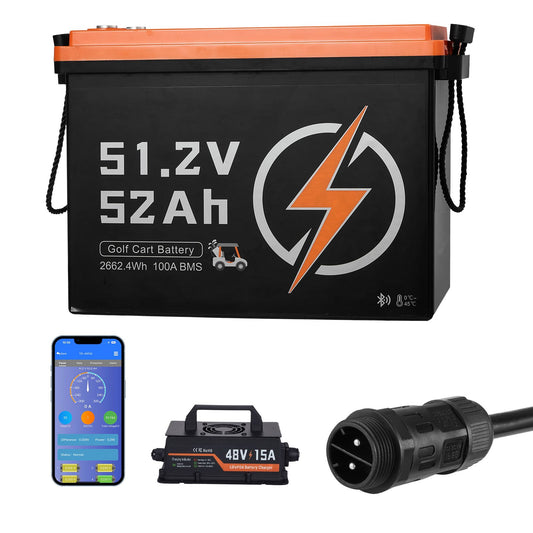 48V (51.2V) 52AH Lithium Golf Cart Battery, with 15A Charger, Lifepo4 Battery Kit, Built-in 100A BMS, 4000 Cycles, 2C Discharge Rate, Bluetooth & Mobile APP, for Golf Carts, Trolling Motors