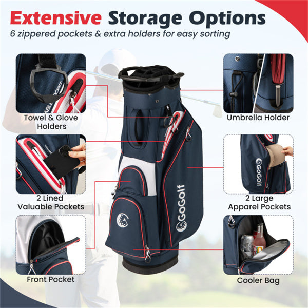 14-Way Golf Cart Bag - 6 Zippered Pockets+Cooler Pocket, Waterproof Zippers, Navy + Red