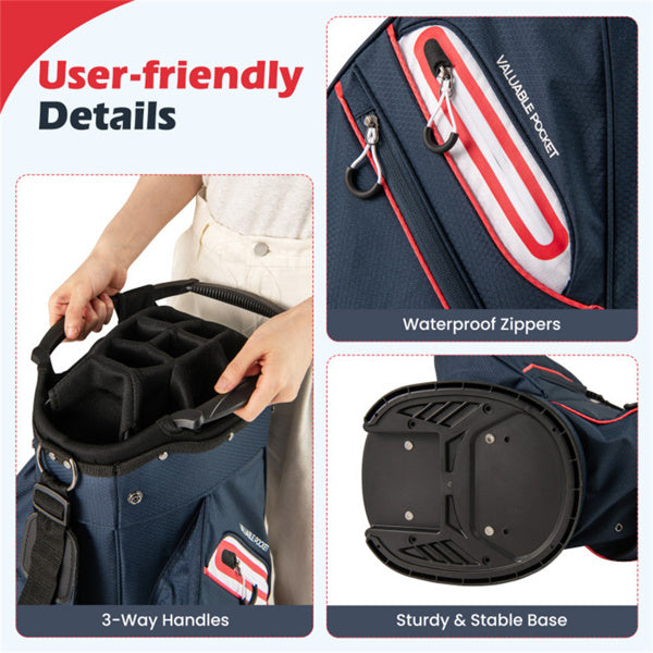 14-Way Golf Cart Bag - 6 Zippered Pockets+Cooler Pocket, Waterproof Zippers, Navy + Red