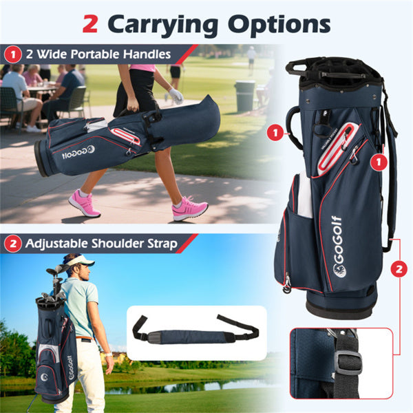 14-Way Golf Cart Bag - 6 Zippered Pockets+Cooler Pocket, Waterproof Zippers, Navy + Red