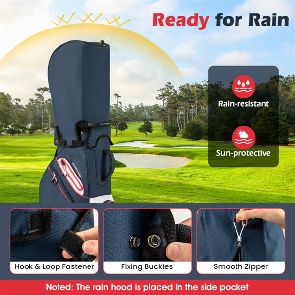 14-Way Golf Cart Bag - 6 Zippered Pockets+Cooler Pocket, Waterproof Zippers, Navy + Red