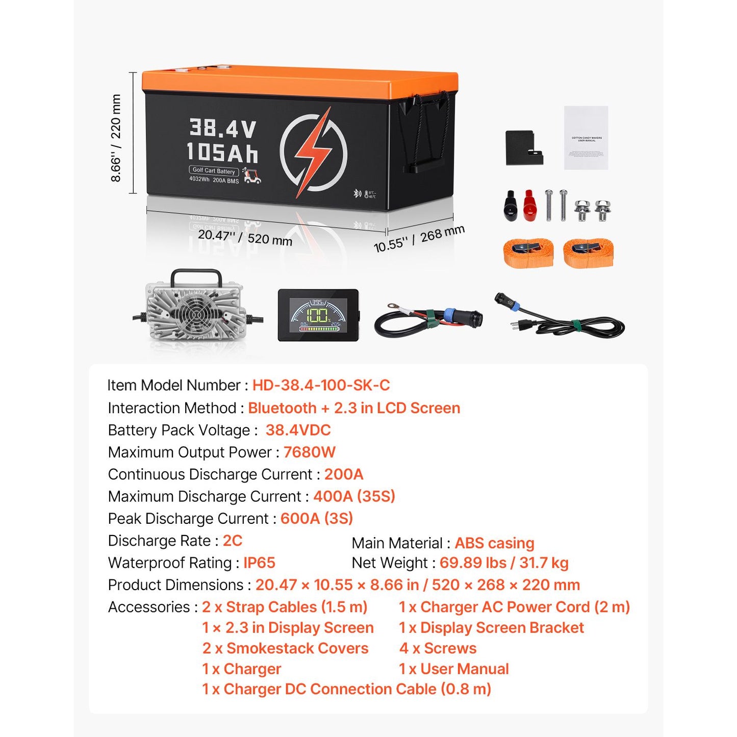 36V 105Ah Golf Cart Lithium Battery, 36 Volt Golf Cart Battery with 200A BMS, LCD Monitor and Mobile APP, LiFePO4 Battery with 600A Peak Current, 20A Charger and 4000+ Cycles, for Golf Carts