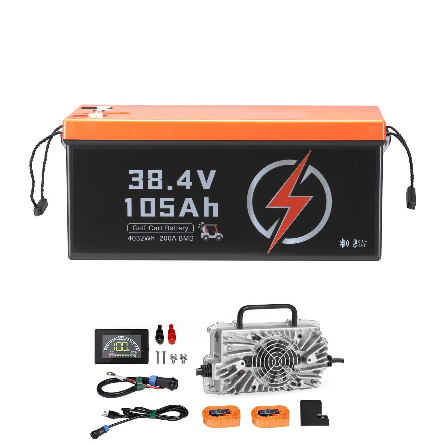 36V 105Ah Golf Cart Lithium Battery, 36 Volt Golf Cart Battery with 200A BMS, LCD Monitor and Mobile APP, LiFePO4 Battery with 600A Peak Current, 20A Charger and 4000+ Cycles, for Golf Carts