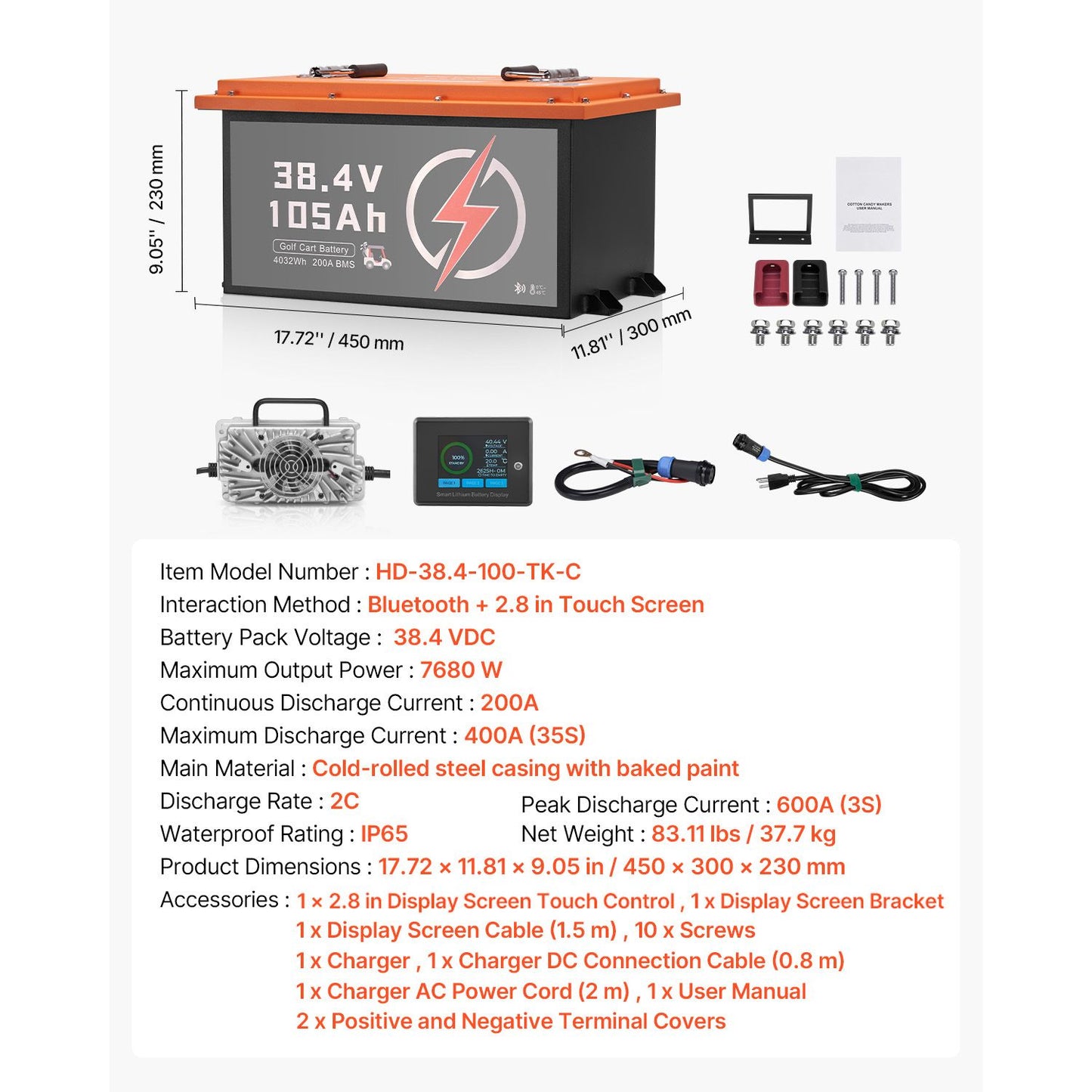 36V 105Ah Golf Cart Lithium Battery, 36 Volt Golf Cart Battery with 200A BMS, Touch Monitor and Mobile APP, LiFePO4 Battery with 600A Peak Current, 20A Charger and 4000+ Cycles, for Golf Carts