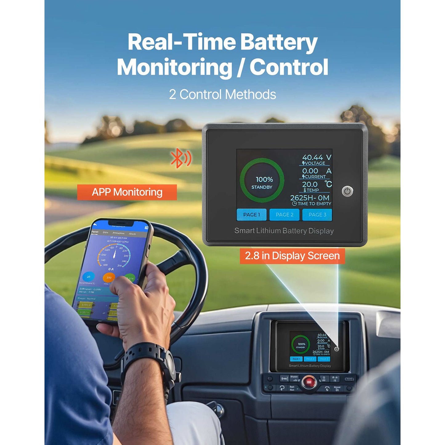 36V 105Ah Golf Cart Lithium Battery, 36 Volt Golf Cart Battery with 200A BMS, Touch Monitor and Mobile APP, LiFePO4 Battery with 600A Peak Current, 20A Charger and 4000+ Cycles, for Golf Carts