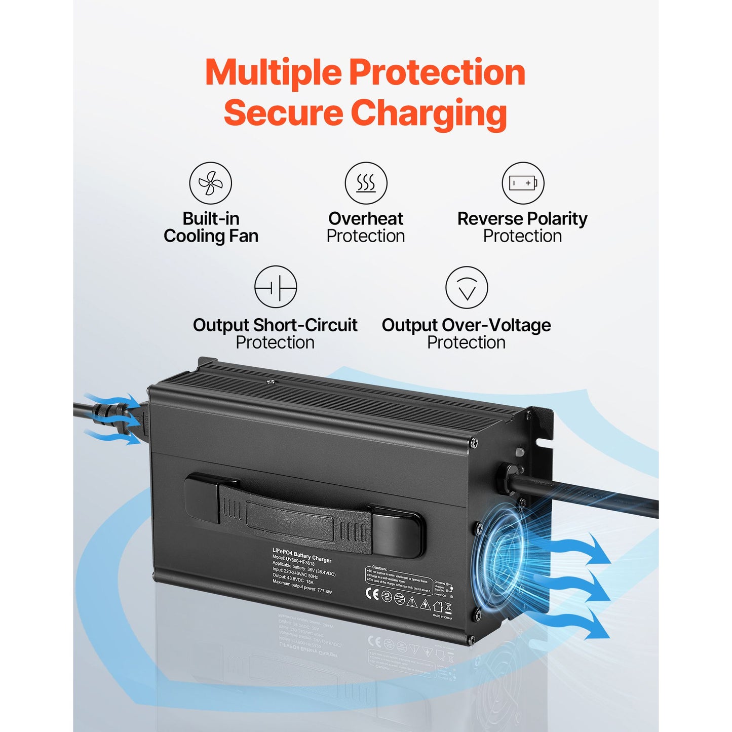 36V 18A Lithium Battery Charger, 43.8V, AC-DC LiFePO4 Smart Charger, with Anderson Connector, LED Indicator, 0V Activation, for Lithium LiFePO4 Deep Cycle Rechargeable Batteries of Boat, RV
