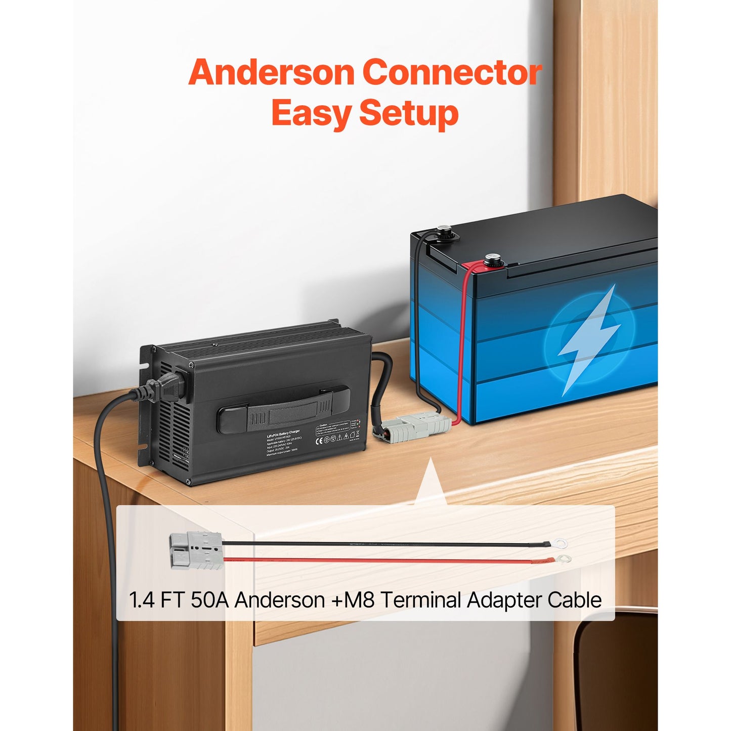 36V 18A Lithium Battery Charger, 43.8V, AC-DC LiFePO4 Smart Charger, with Anderson Connector, LED Indicator, 0V Activation, for Lithium LiFePO4 Deep Cycle Rechargeable Batteries of Boat, RV