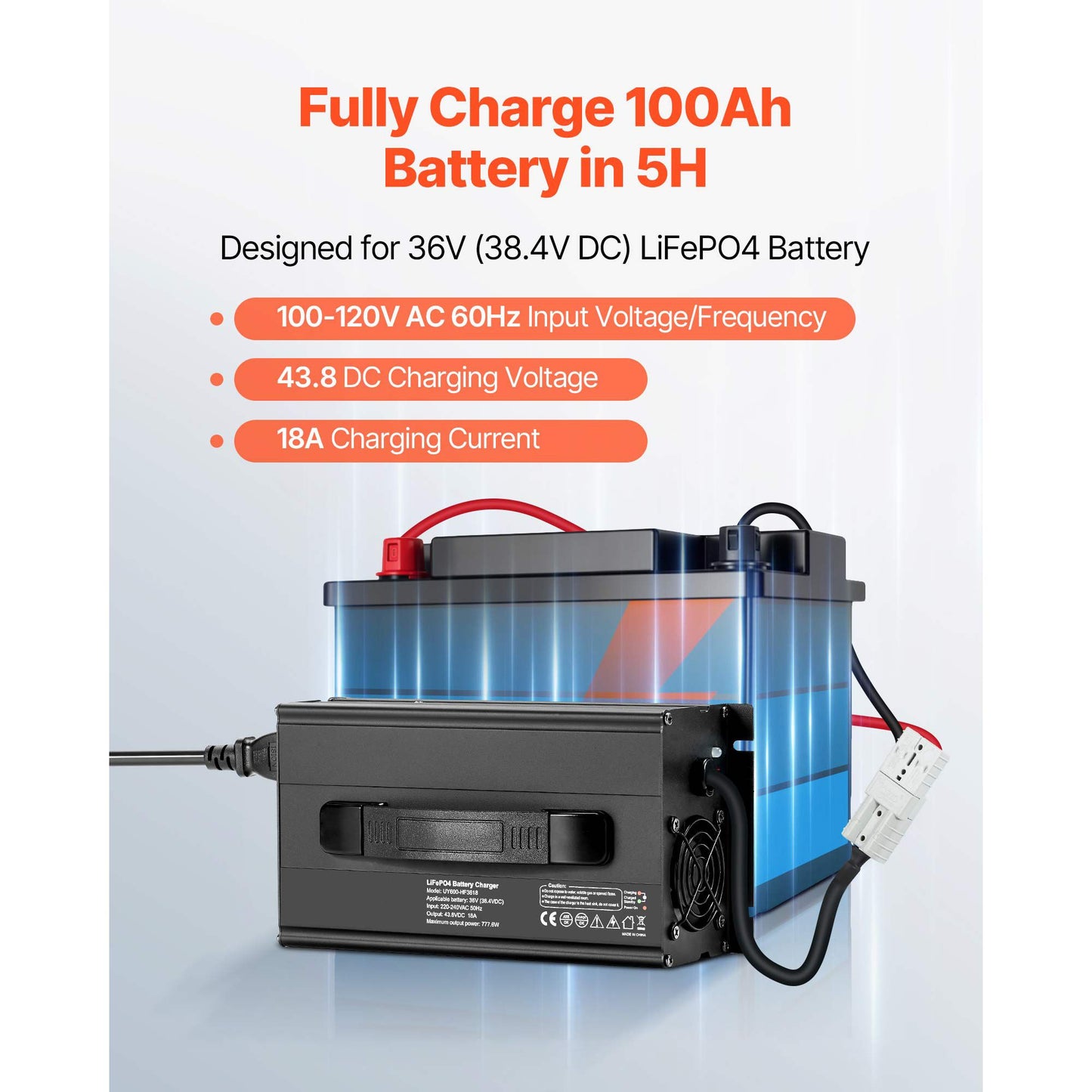 36V 18A Lithium Battery Charger, 43.8V, AC-DC LiFePO4 Smart Charger, with Anderson Connector, LED Indicator, 0V Activation, for Lithium LiFePO4 Deep Cycle Rechargeable Batteries of Boat, RV