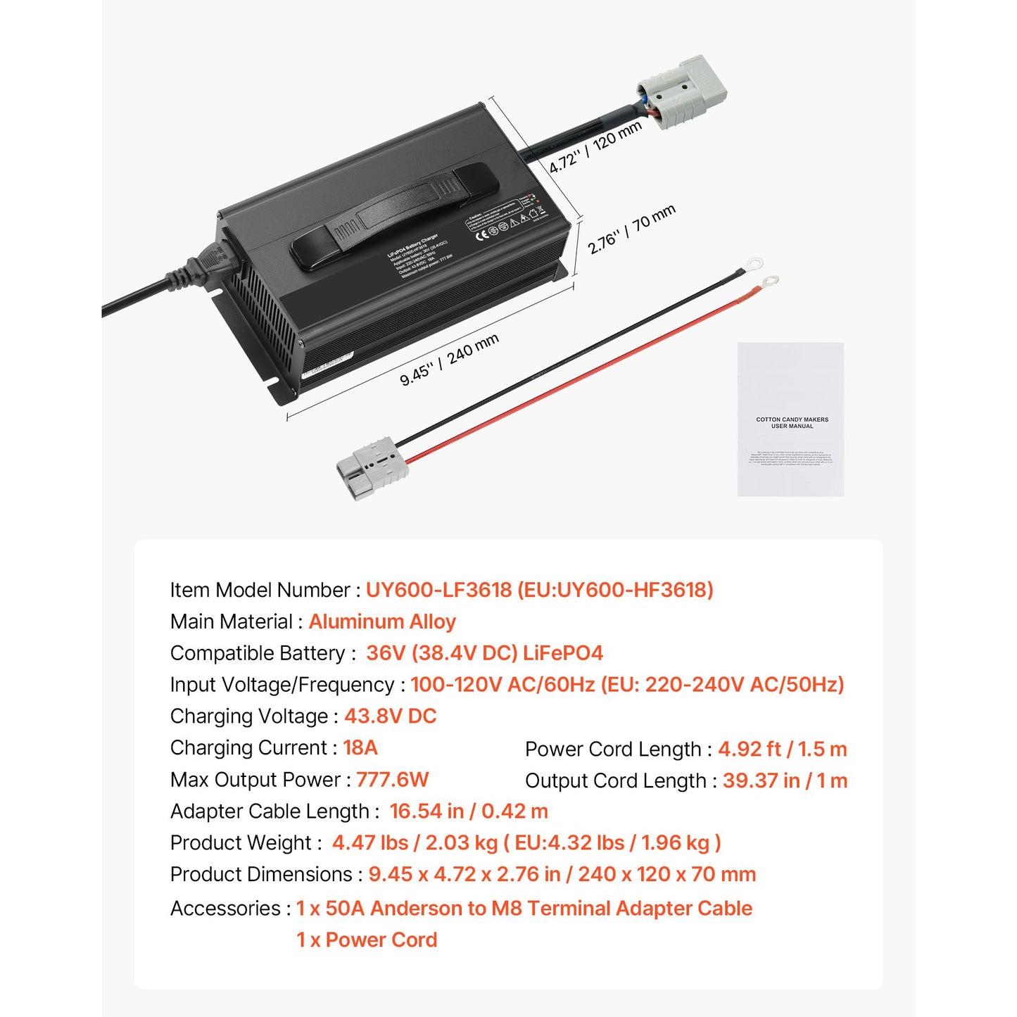36V 18A Lithium Battery Charger, 43.8V, AC-DC LiFePO4 Smart Charger, with Anderson Connector, LED Indicator, 0V Activation, for Lithium LiFePO4 Deep Cycle Rechargeable Batteries of Boat, RV