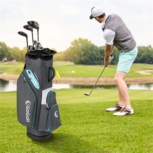 14-Way Golf Cart Bag - 6 Zippered Pockets+Cooler Pocket, Waterproof Zippers, Gray+Blue