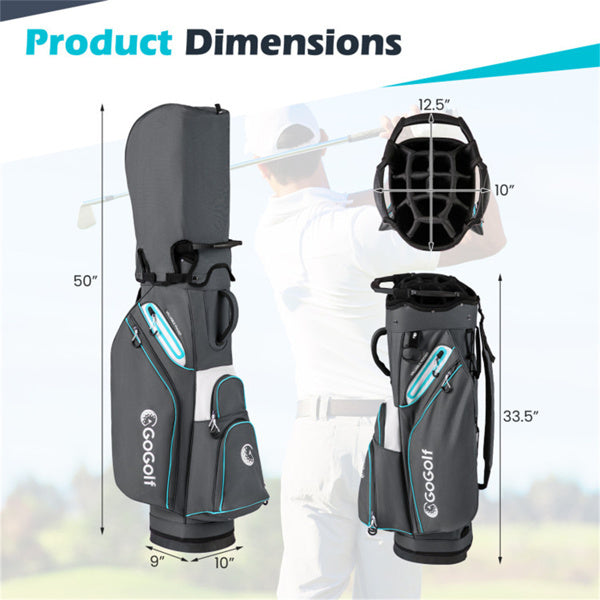 14-Way Golf Cart Bag - 6 Zippered Pockets+Cooler Pocket, Waterproof Zippers, Gray+Blue