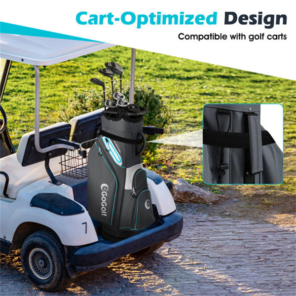 14-Way Golf Cart Bag - 6 Zippered Pockets+Cooler Pocket, Waterproof Zippers, Gray+Blue