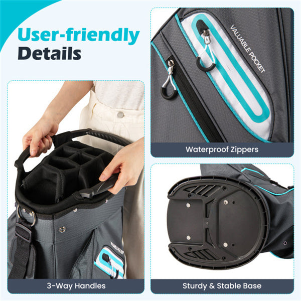 14-Way Golf Cart Bag - 6 Zippered Pockets+Cooler Pocket, Waterproof Zippers, Gray+Blue