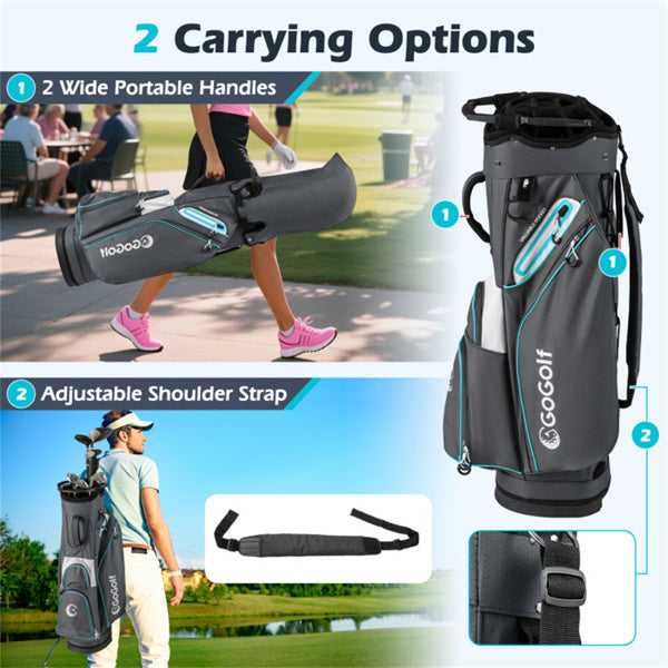 14-Way Golf Cart Bag - 6 Zippered Pockets+Cooler Pocket, Waterproof Zippers, Gray+Blue