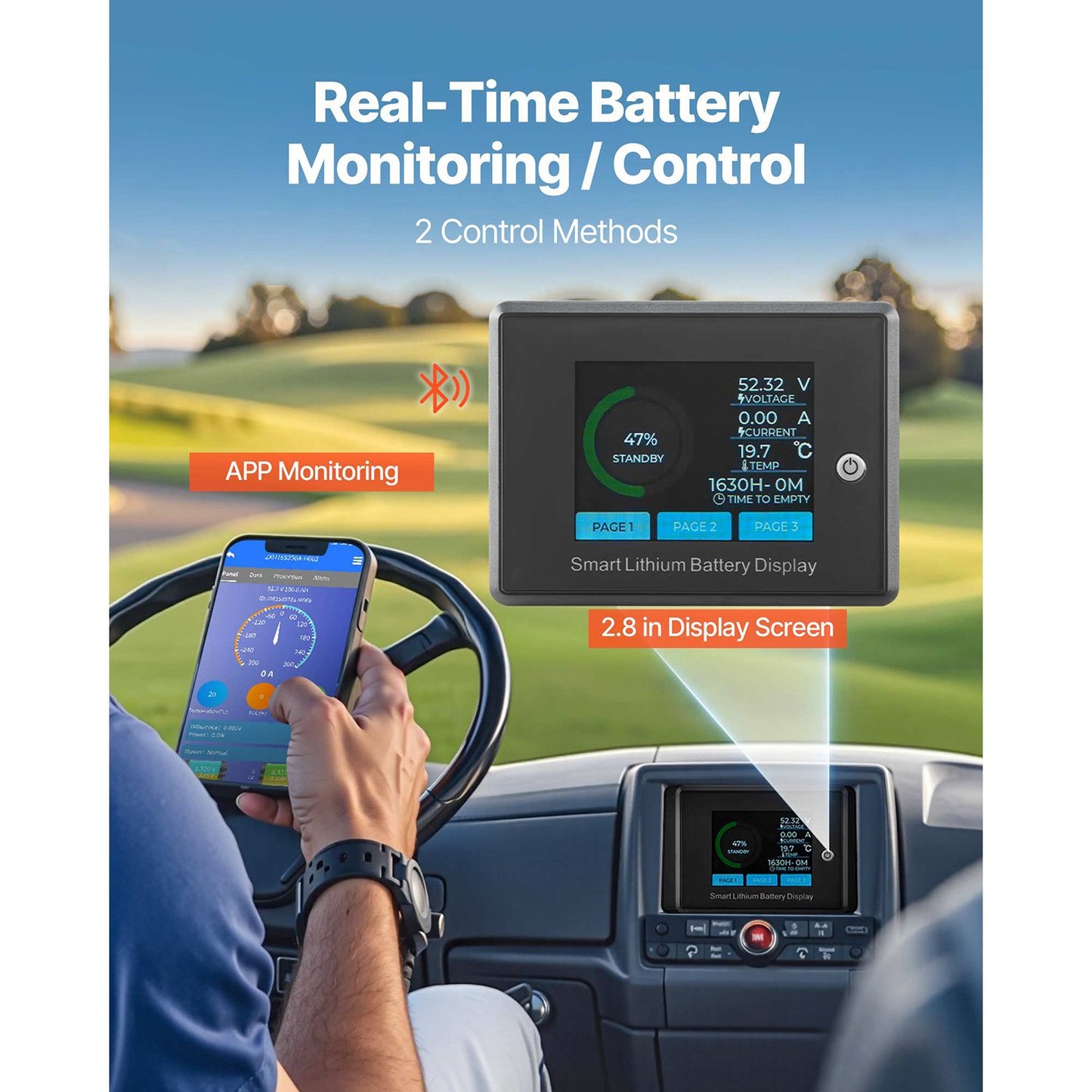 48V 105Ah Golf Cart Lithium Battery, 48 Volt Golf Cart Battery with 200A BMS, Touch Monitor and Mobile APP, LiFePO4 Battery with 600A Peak Current, 20A Charger and 4000+ Cycles, for Golf Carts