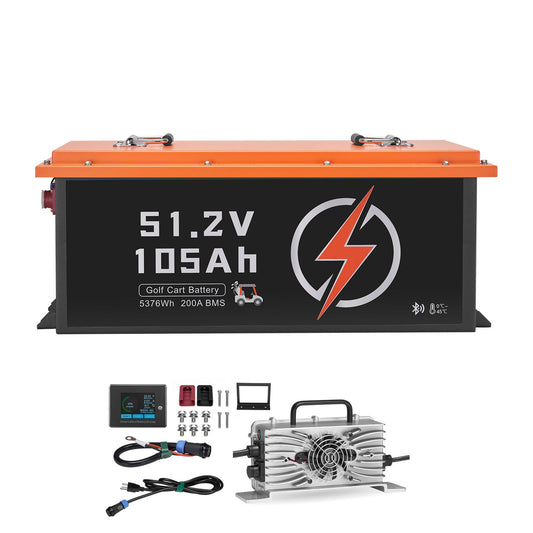 48V 105Ah Golf Cart Lithium Battery, 48 Volt Golf Cart Battery with 200A BMS, Touch Monitor and Mobile APP, LiFePO4 Battery with 600A Peak Current, 20A Charger and 4000+ Cycles, for Golf Carts